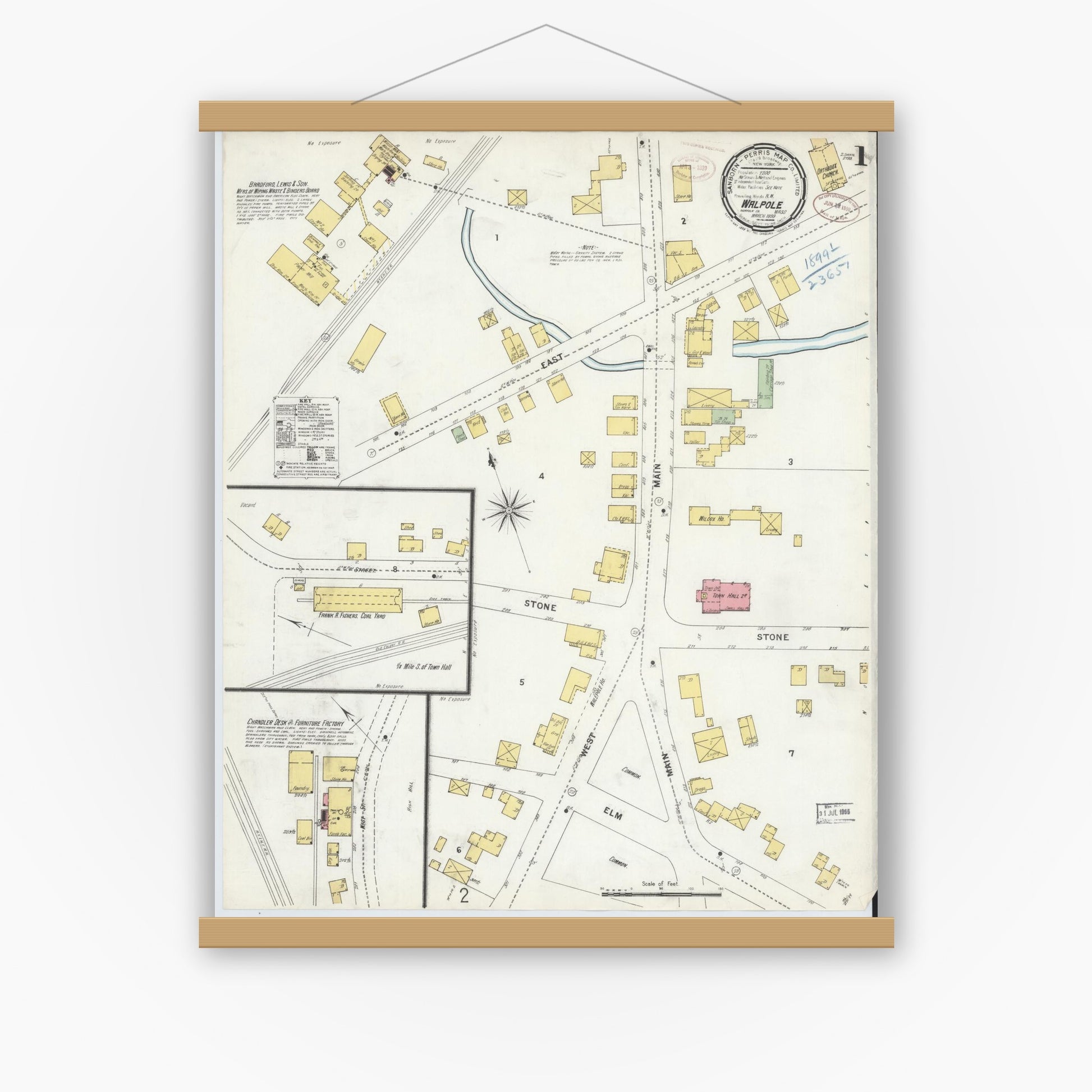 Old map wall art mockup — magnetic wood frame on white wall — Sanborn Fire Insurance Map from Walpole, Norfolk County, Massachusetts (1899) - Complete Map Set