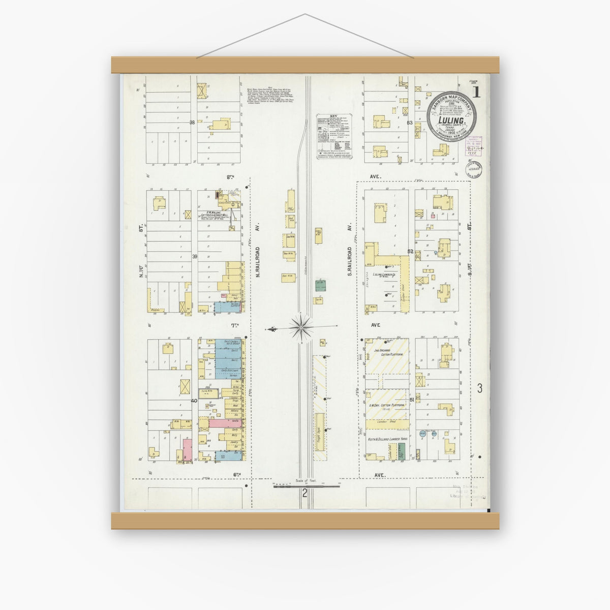 Old map wall art mockup — magnetic wood frame on white wall — Sanborn Fire Insurance Map from Luling, Caldwell County, Texas (1902) - Complete Map Set