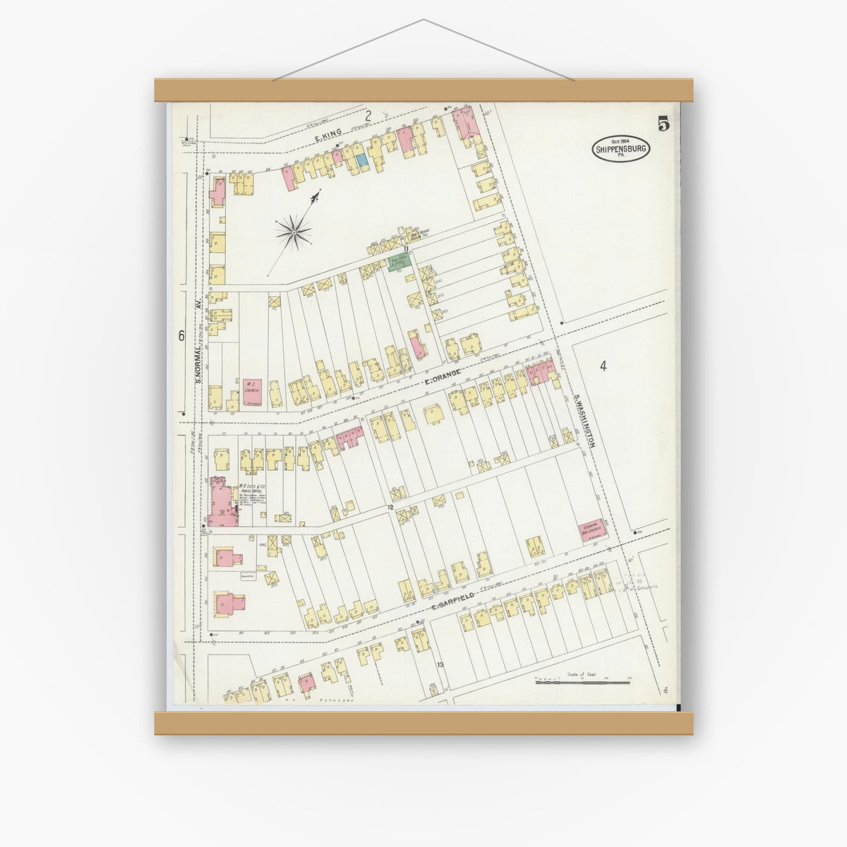Old map wall art mockup — magnetic wood frame on white wall — Sanborn Fire Insurance Map from Shippensburg, Cumberland And Franklin Counties, Pennsylvania (1904), Sheet #0005