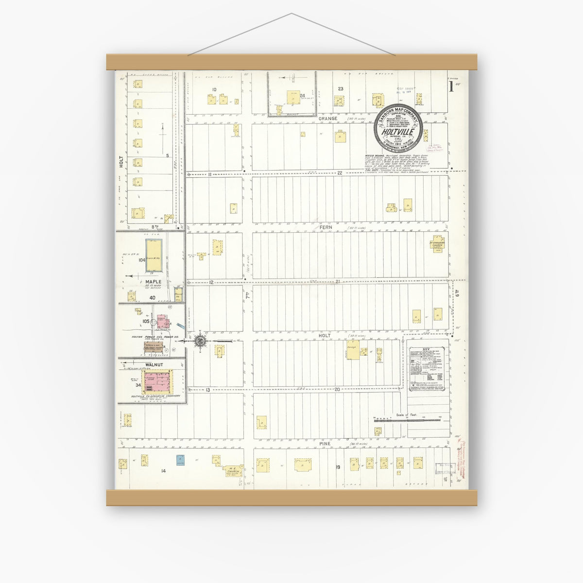 Old map wall art mockup — magnetic wood frame on white wall — Sanborn Fire Insurance Map from Holtville, Imperial County, California (1911), Sheet #0001