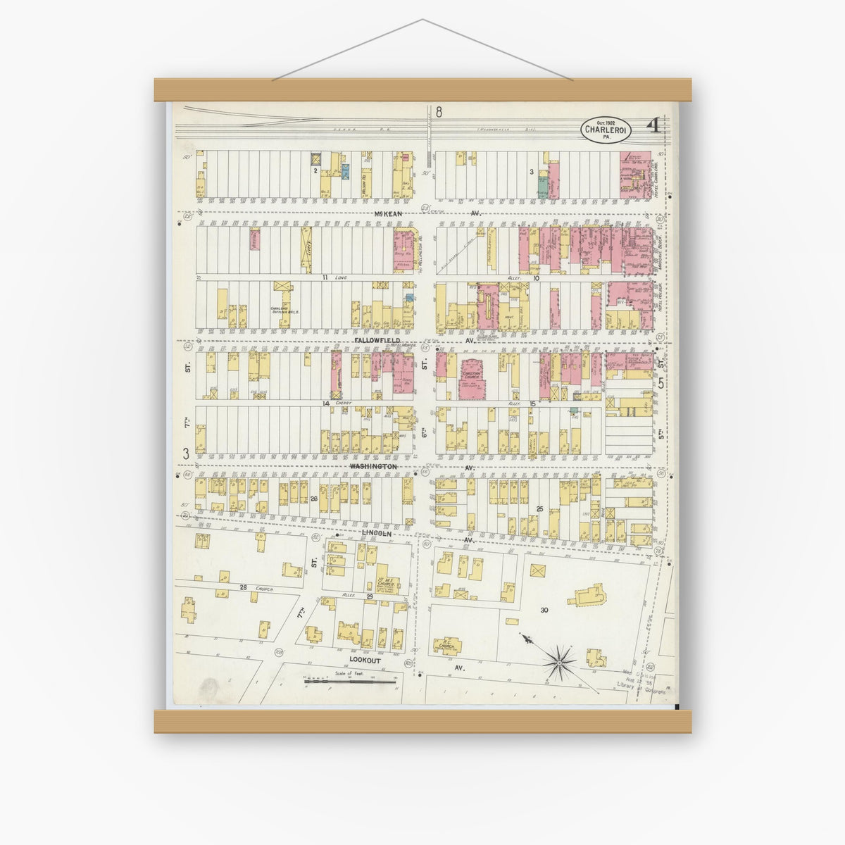 Old map wall art mockup — magnetic wood frame on white wall — Sanborn Fire Insurance Map from Charleroi, Washington County, Pennsylvania (1902), Sheet #0004