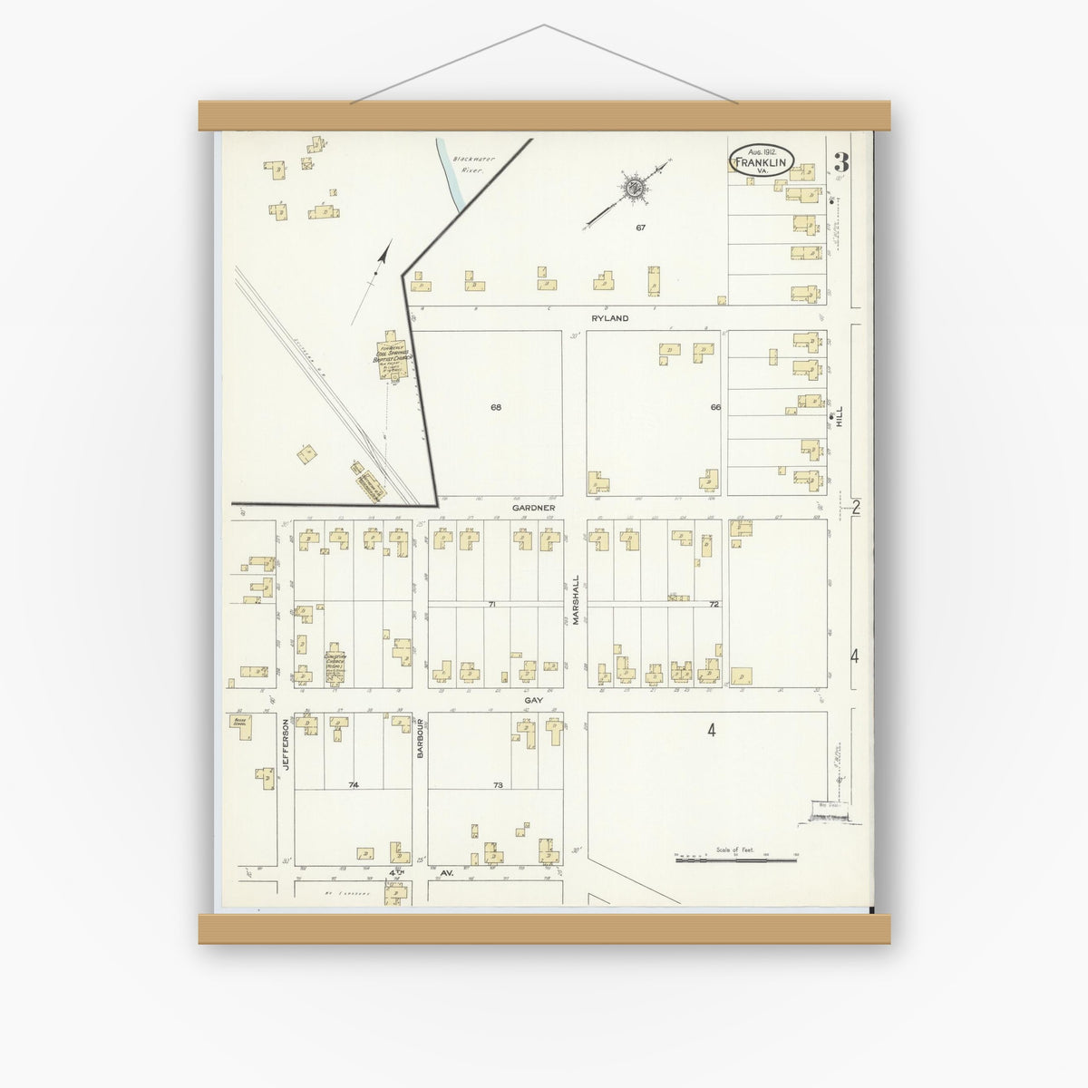 Old map wall art mockup — magnetic wood frame on white wall — Sanborn Fire Insurance Map from Franklin, Independent Cities, Virginia (1912), Sheet #0003
