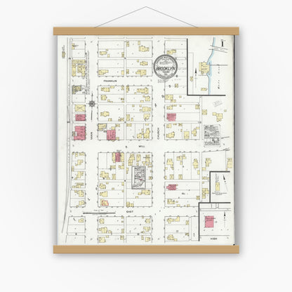 Old map wall art mockup — magnetic wood frame on white wall — Sanborn Fire Insurance Map from Brooklyn, Morgan County, Indiana (1920) - Complete Map Set