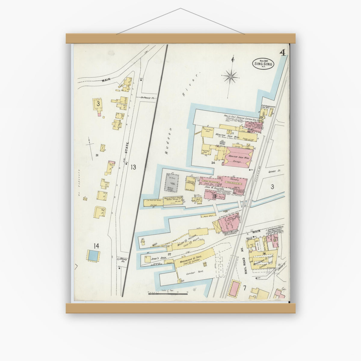 Old map wall art mockup — magnetic wood frame on white wall — Sanborn Fire Insurance Map from Sing Sing, Westchester County, New York (1897), Sheet #0004