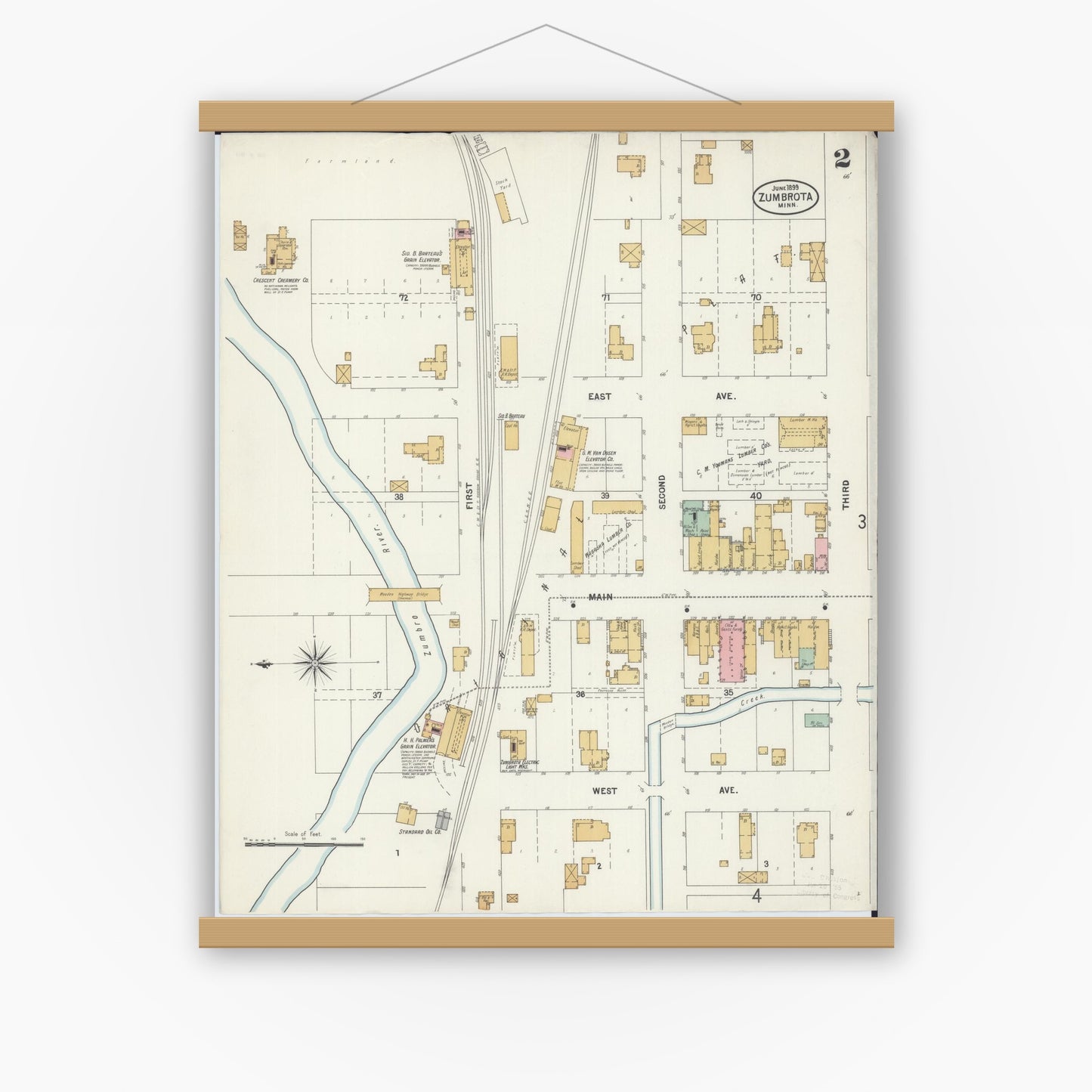 Old map wall art mockup — magnetic wood frame on white wall — Sanborn Fire Insurance Map from Zumbrota, Goodhue County, Minnesota (1899), Sheet #0002