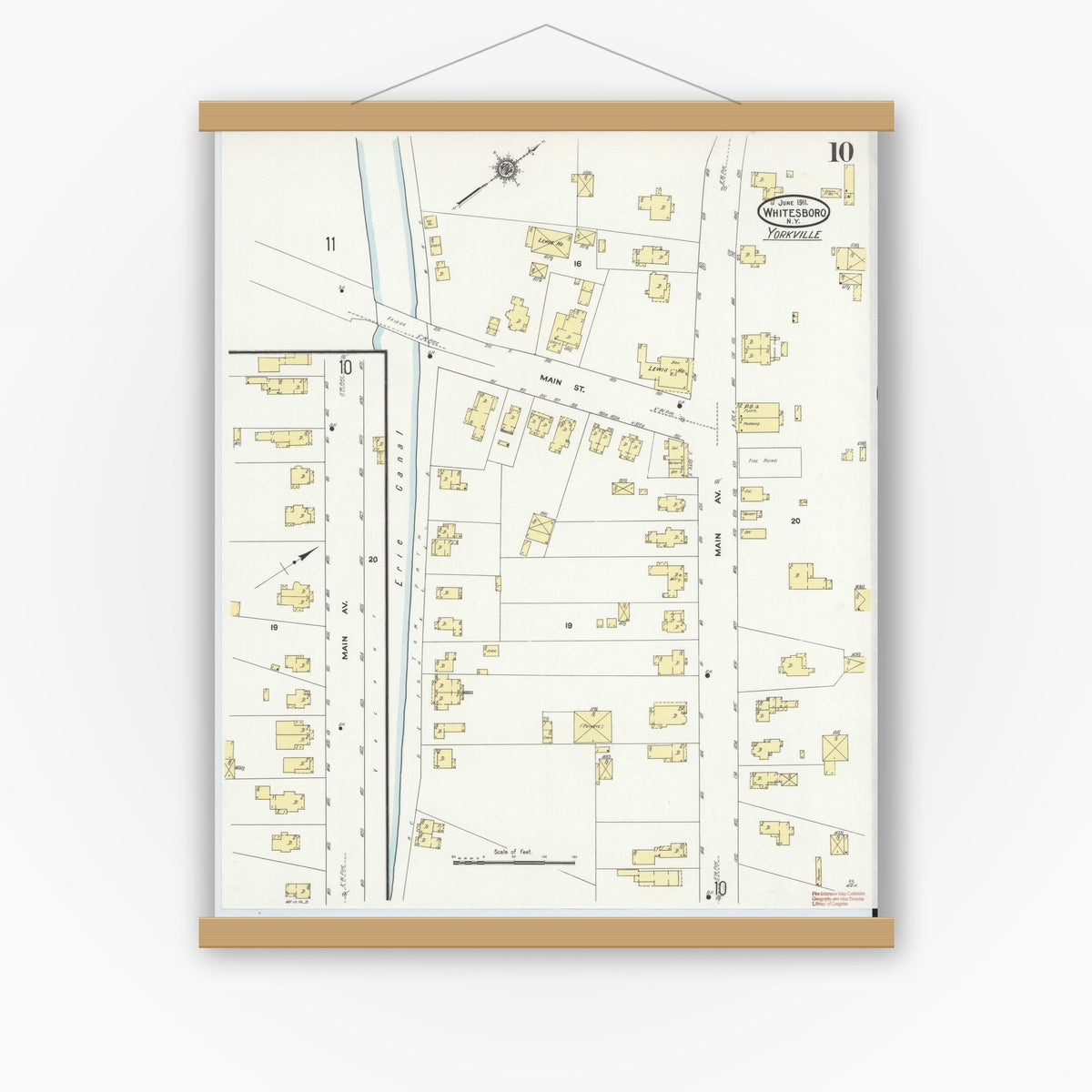 Old map wall art mockup — magnetic wood frame on white wall — Sanborn Fire Insurance Map from Whitesboro, Oneida County, New York (1911), Sheet #0010