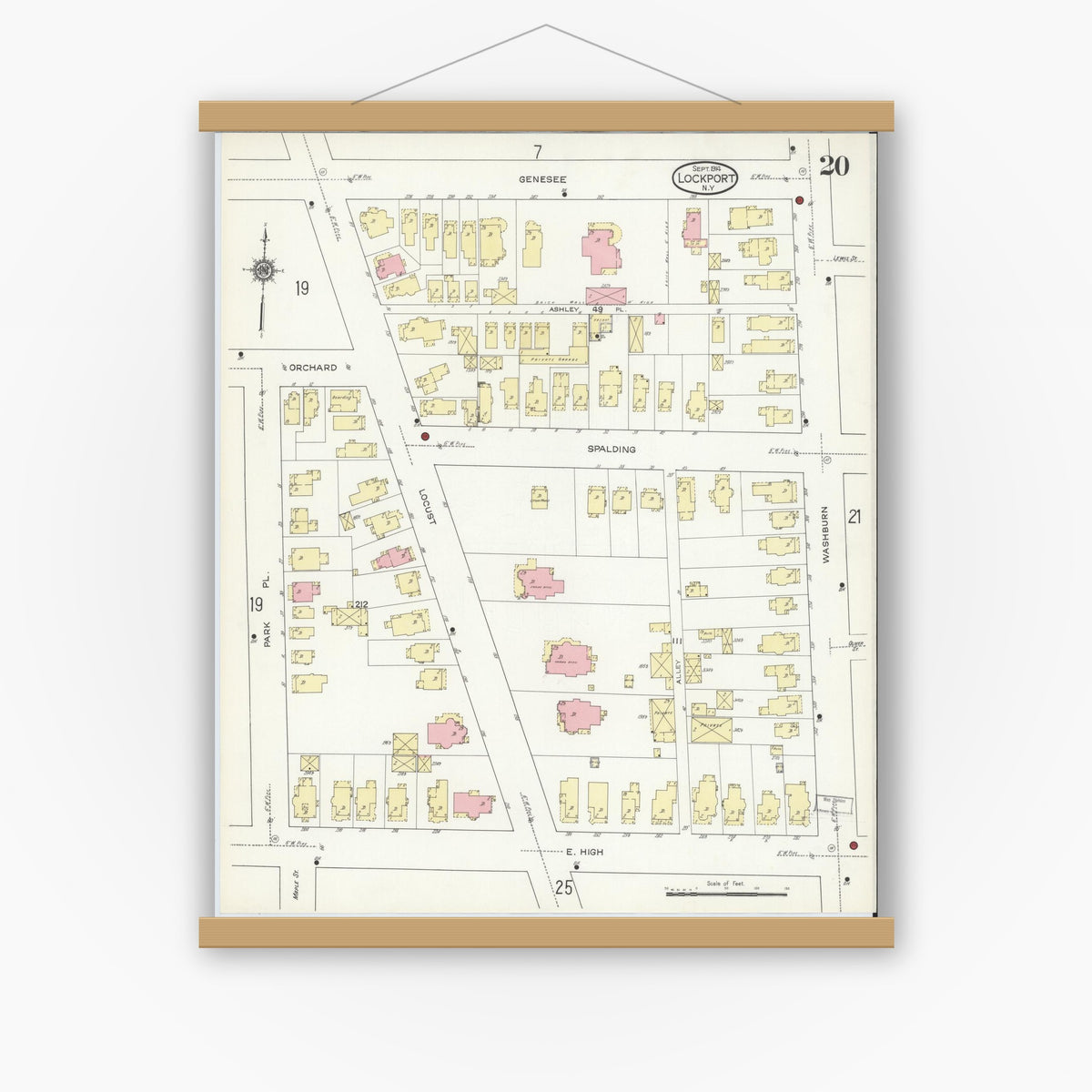 Old map wall art mockup — magnetic wood frame on white wall — Sanborn Fire Insurance Map from Lockport, Niagara County, New York (1914), Sheet #0020