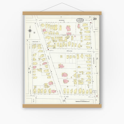 Old map wall art mockup — magnetic wood frame on white wall — Sanborn Fire Insurance Map from Lockport, Niagara County, New York (1914), Sheet #0020
