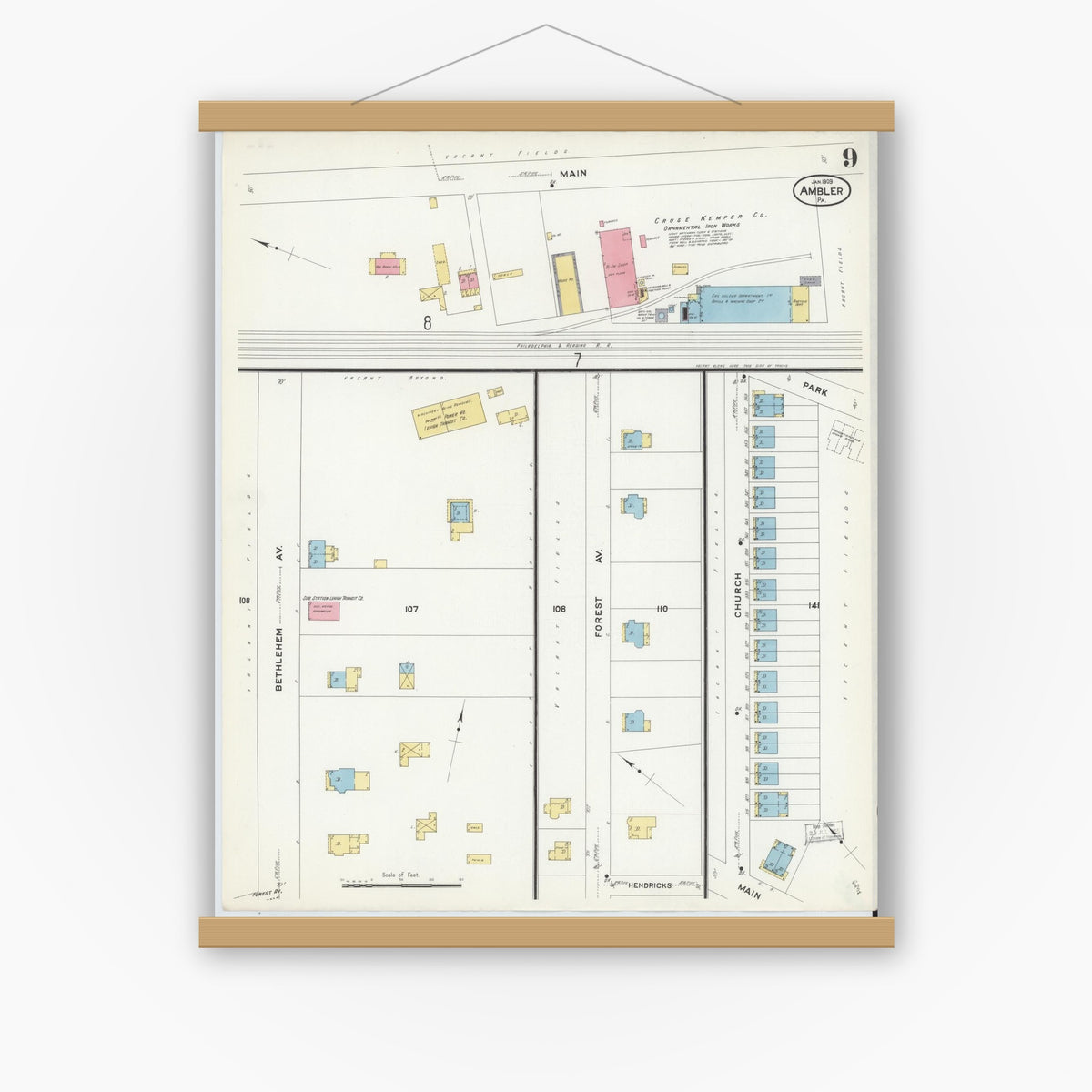 Old map wall art mockup — magnetic wood frame on white wall — Sanborn Fire Insurance Map from Ambler, Montgomery County, Pennsylvania (1909), Sheet #0009
