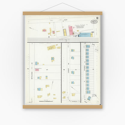 Old map wall art mockup — magnetic wood frame on white wall — Sanborn Fire Insurance Map from Ambler, Montgomery County, Pennsylvania (1909), Sheet #0009