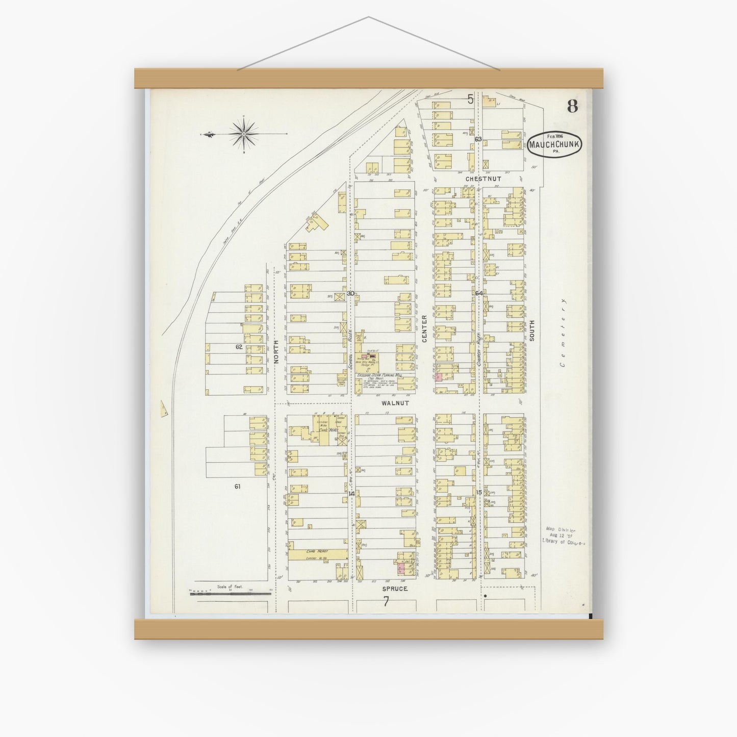 Old map wall art mockup — magnetic wood frame on white wall — Sanborn Fire Insurance Map from Mauch Chunk, Carbon County, Pennsylvania (1896), Sheet #0008