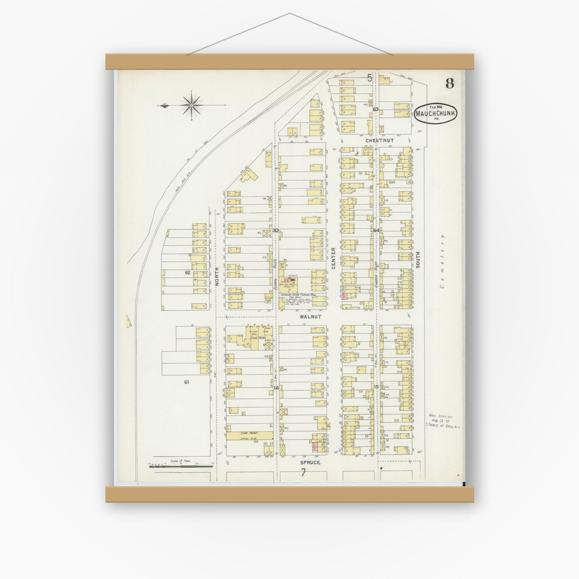 Old map wall art mockup — magnetic wood frame on white wall — Sanborn Fire Insurance Map from Mauch Chunk, Carbon County, Pennsylvania (1896), Sheet #0008