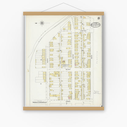 Old map wall art mockup — magnetic wood frame on white wall — Sanborn Fire Insurance Map from Mauch Chunk, Carbon County, Pennsylvania (1896), Sheet #0008