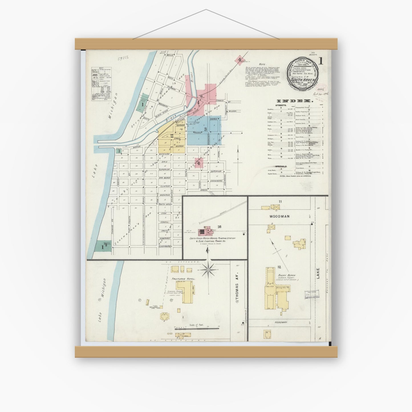 Old map wall art mockup — magnetic wood frame on white wall — Sanborn Fire Insurance Map from South Haven, Van Buren County, Michigan (1896), Sheet #0001