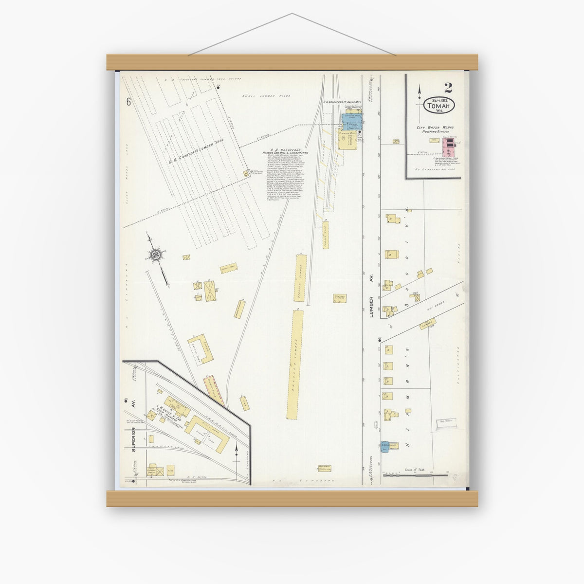 Old map wall art mockup — magnetic wood frame on white wall — Sanborn Fire Insurance Map from Tomah, Monroe County, Wisconsin (1912), Sheet #0002