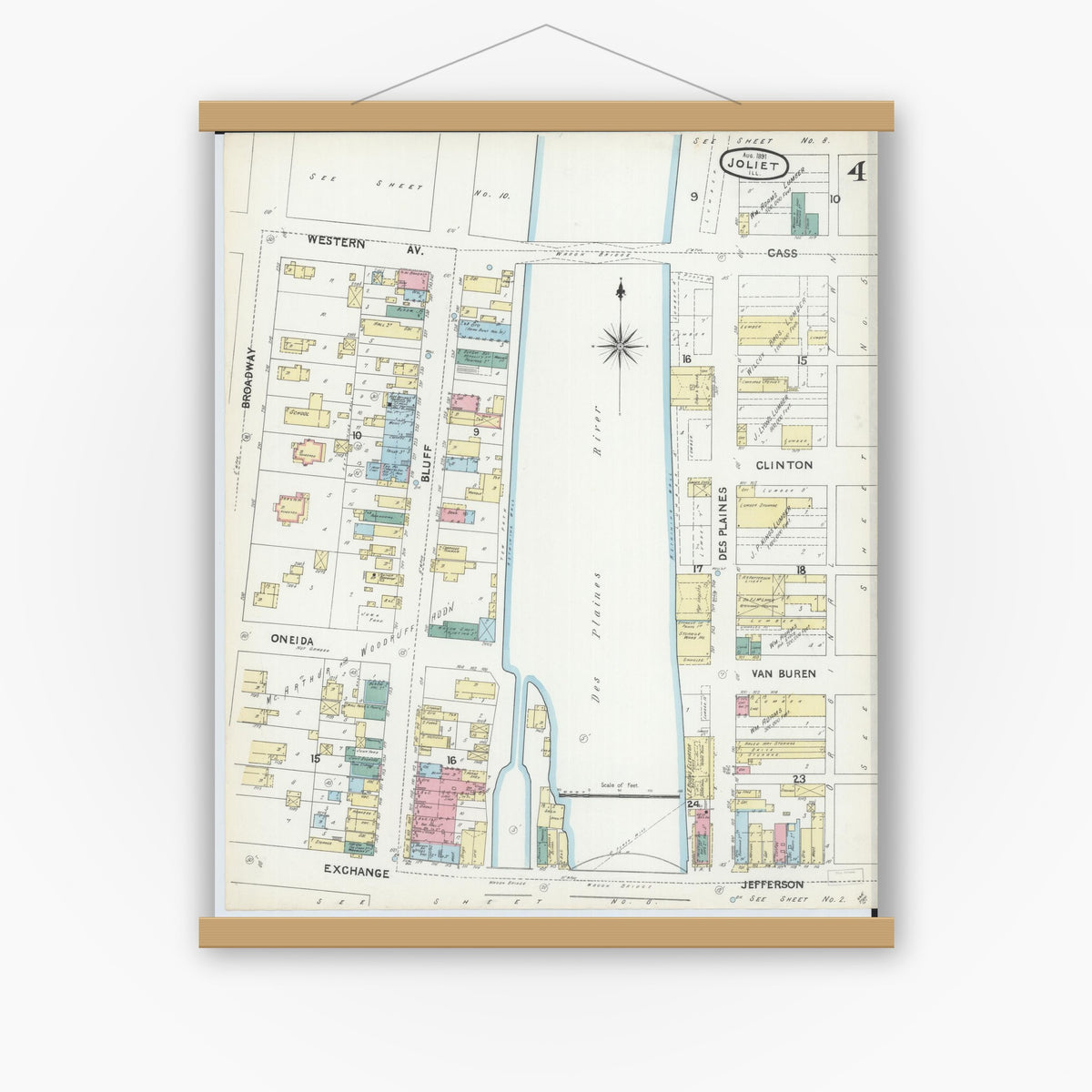 Old map wall art mockup — magnetic wood frame on white wall — Sanborn Fire Insurance Map from Joliet, Will County, Illinois (1891), Sheet #0004
