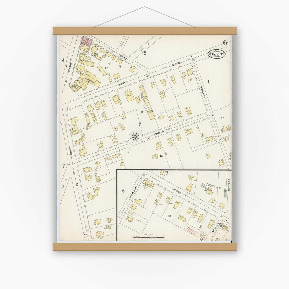 Old map wall art mockup — magnetic wood frame on white wall — Sanborn Fire Insurance Map from Randolph, Norfolk County, Massachusetts (1897), Sheet #0006