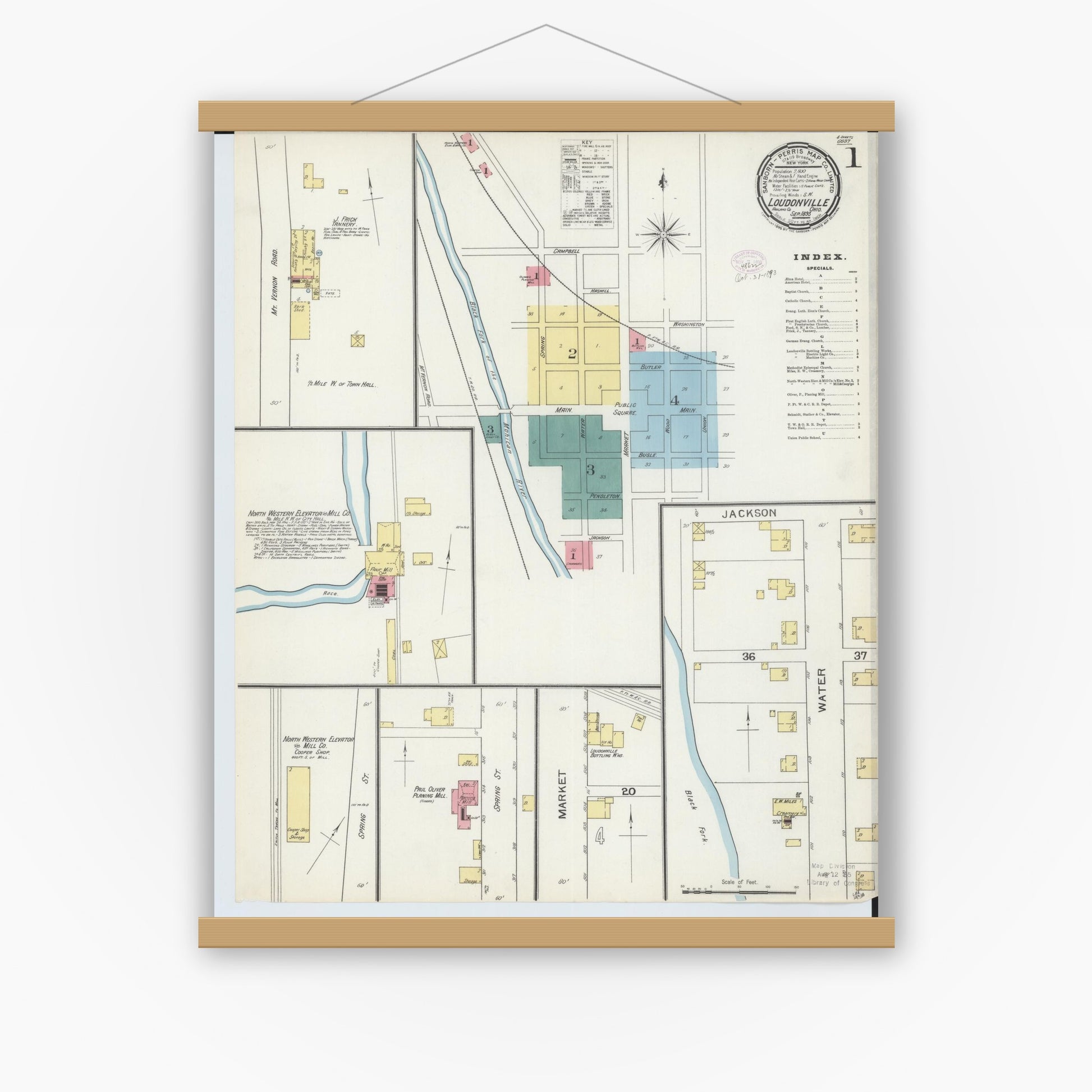 Old map wall art mockup — magnetic wood frame on white wall — Sanborn Fire Insurance Map from Loudonville, Ashland County, Ohio (1893), Sheet #0001