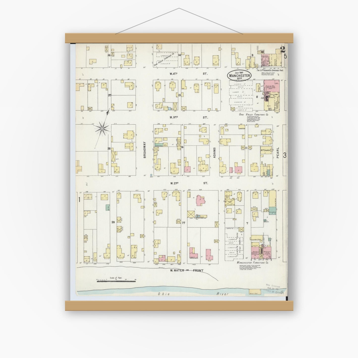 Old map wall art mockup — magnetic wood frame on white wall — Sanborn Fire Insurance Map from Manchester, Adams County, Ohio (1897), Sheet #0002