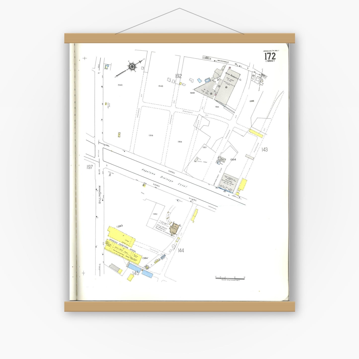 Old map wall art mockup — magnetic wood frame on white wall — Sanborn Fire Insurance Map from Honolulu, Oahu County, Hawaii (1955), Sheet #0172