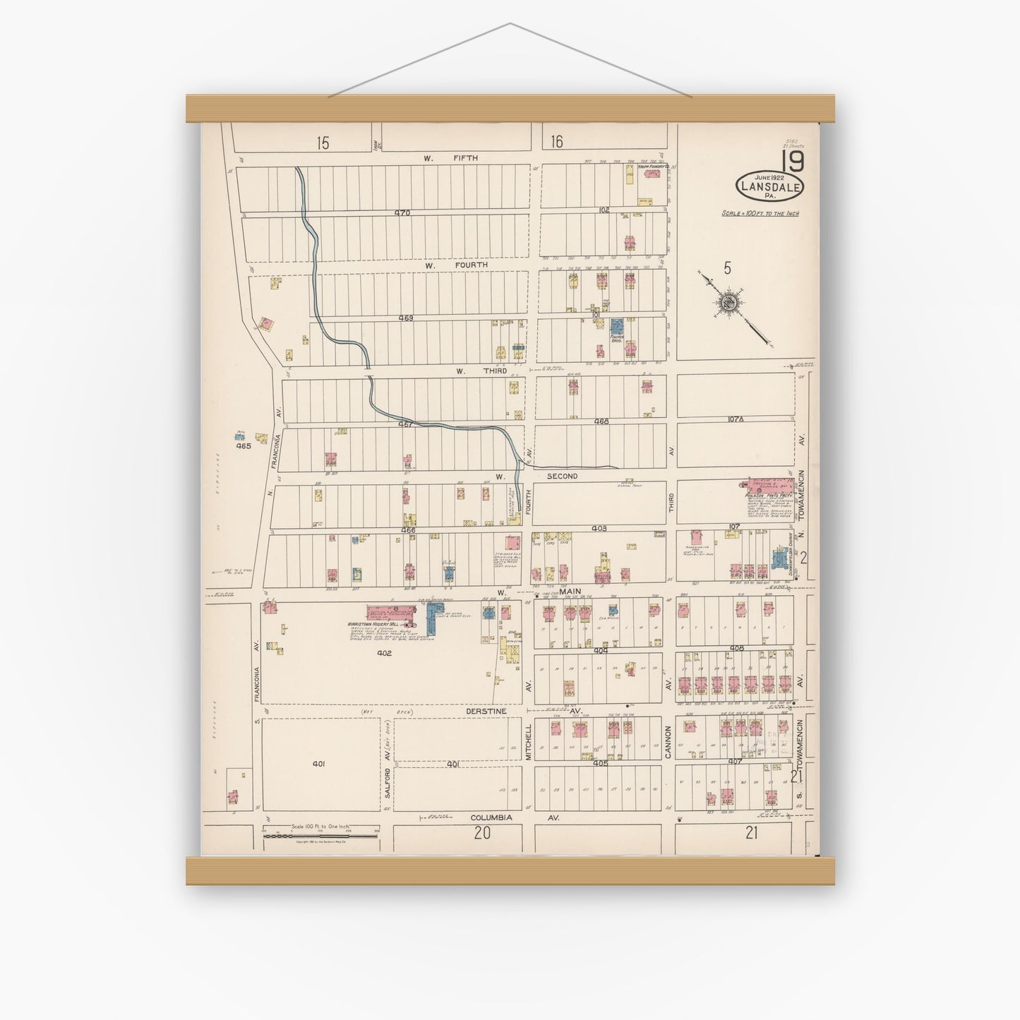 Old map wall art mockup — magnetic wood frame on white wall — Sanborn Fire Insurance Map from Lansdale, Montgomery County, Pennsylvania (1922), Sheet #0019