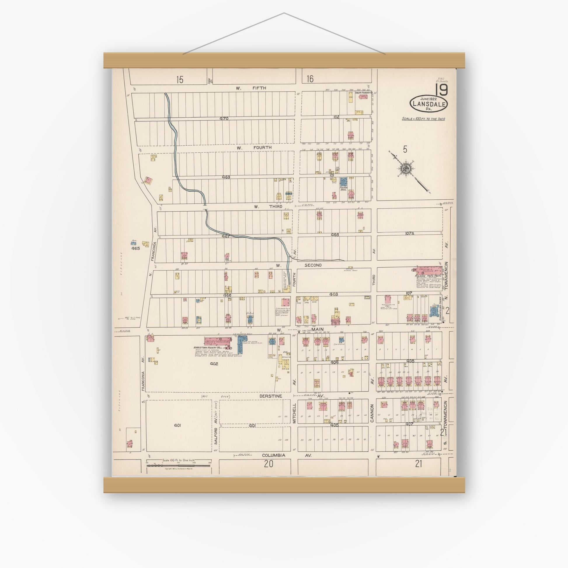 Old map wall art mockup — magnetic wood frame on white wall — Sanborn Fire Insurance Map from Lansdale, Montgomery County, Pennsylvania (1922), Sheet #0019