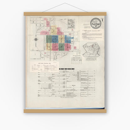 Old map wall art mockup — magnetic wood frame on white wall — Sanborn Fire Insurance Map from Pilot Point, Denton County, Texas (1940), Sheet #0001