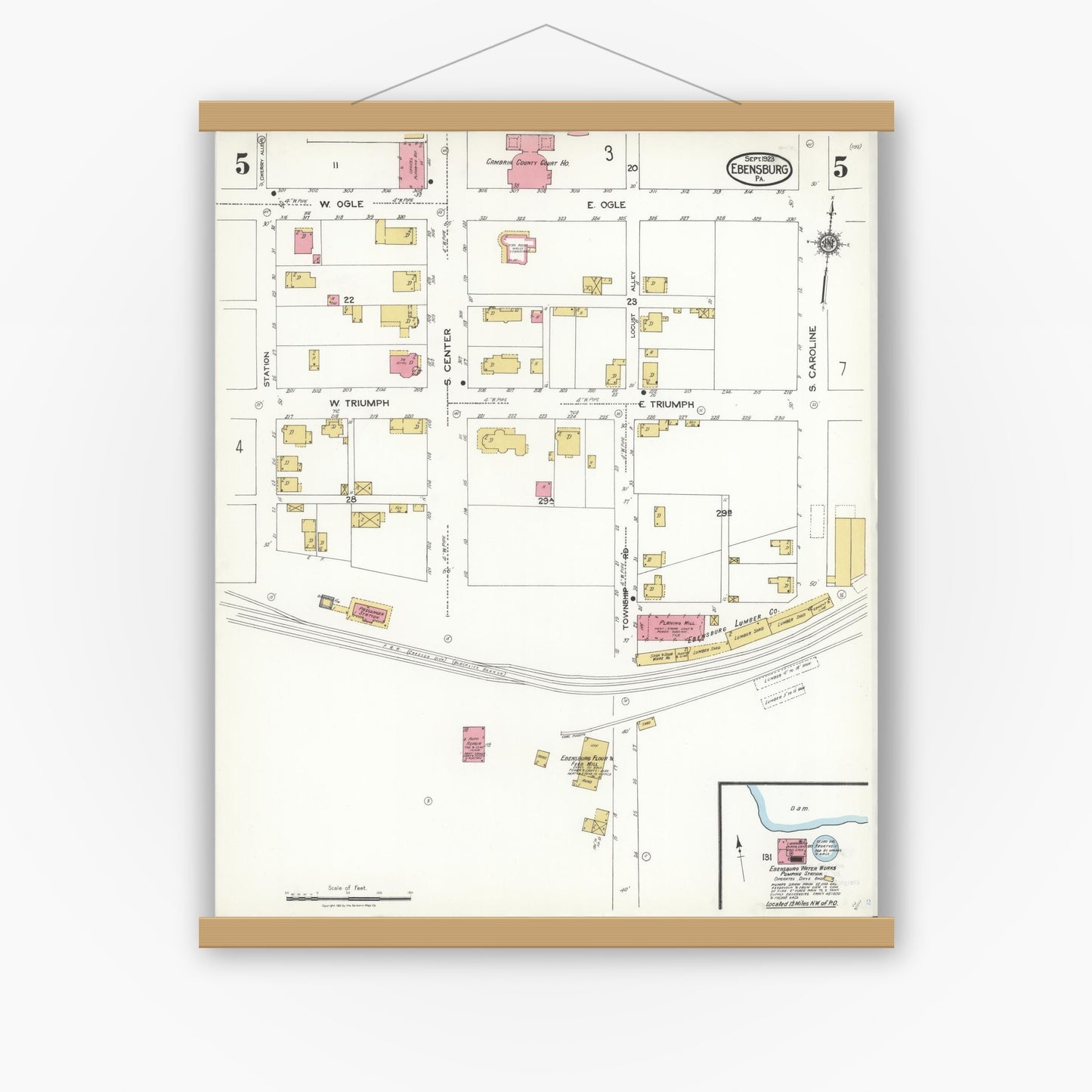 Old map wall art mockup — magnetic wood frame on white wall — Sanborn Fire Insurance Map from Ebensburg, Cambria County, Pennsylvania (1923), Sheet #0005
