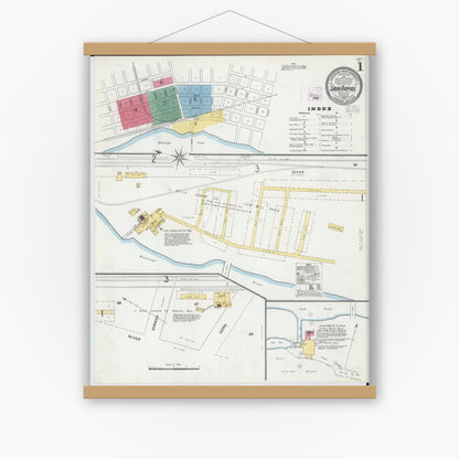 Old map wall art mockup — magnetic wood frame on white wall — Sanborn Fire Insurance Map from Sauk Rapids, Benton County, Minnesota (1904), Sheet #0001