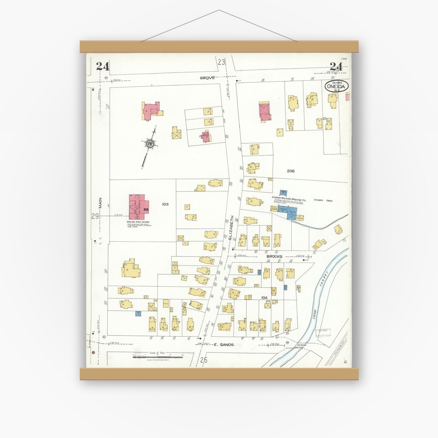 Old map wall art mockup — magnetic wood frame on white wall — Sanborn Fire Insurance Map from Oneida, Madison County, New York (1923), Sheet #0024