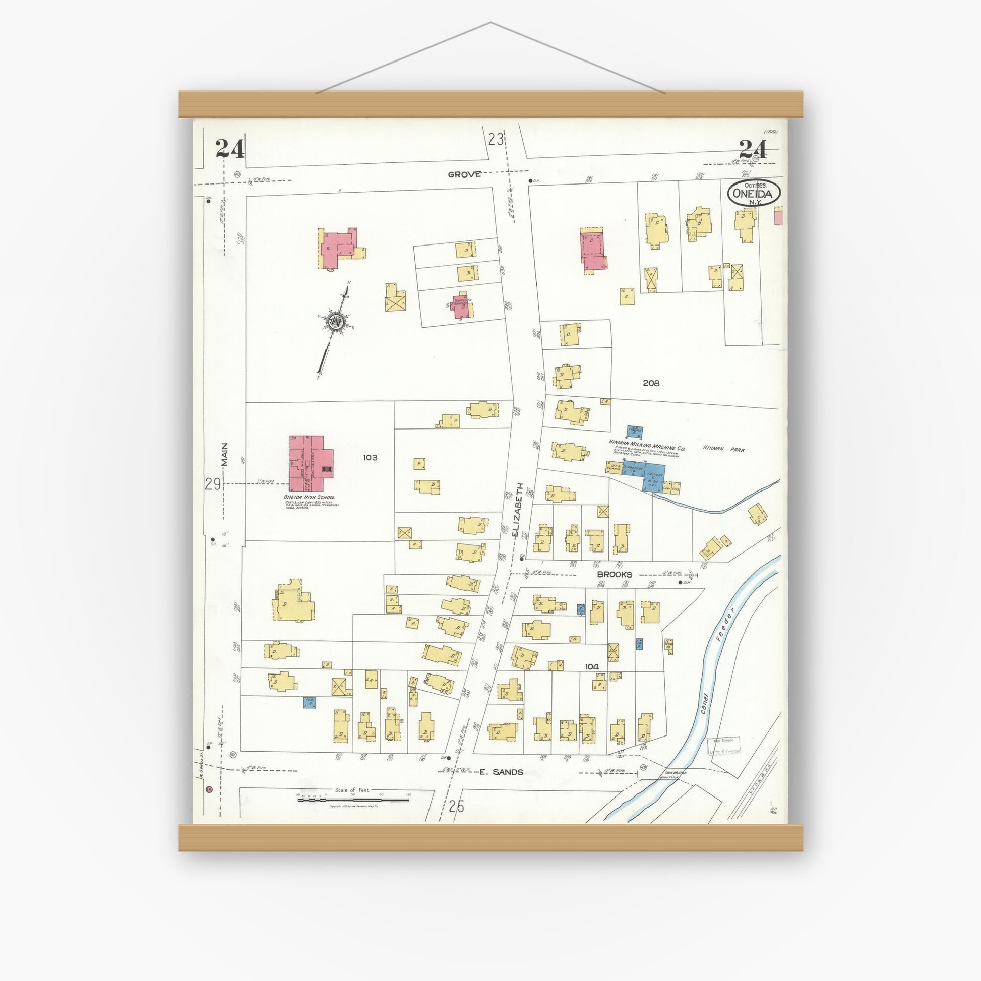 Old map wall art mockup — magnetic wood frame on white wall — Sanborn Fire Insurance Map from Oneida, Madison County, New York (1923), Sheet #0024
