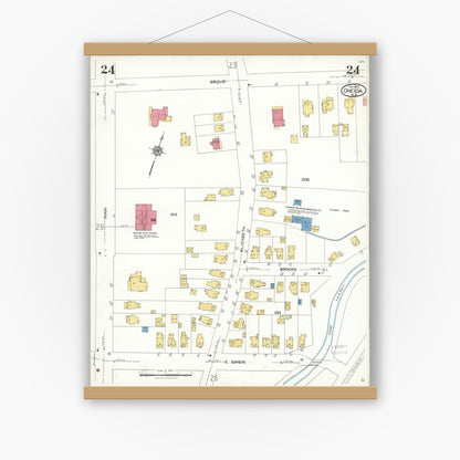 Old map wall art mockup — magnetic wood frame on white wall — Sanborn Fire Insurance Map from Oneida, Madison County, New York (1923), Sheet #0024