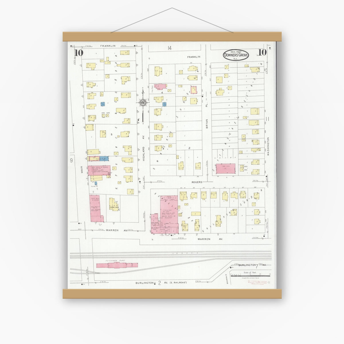 Old map wall art mockup — magnetic wood frame on white wall — Sanborn Fire Insurance Map from Downers Grove, Dupage County, Illinois (1927), Sheet #0010