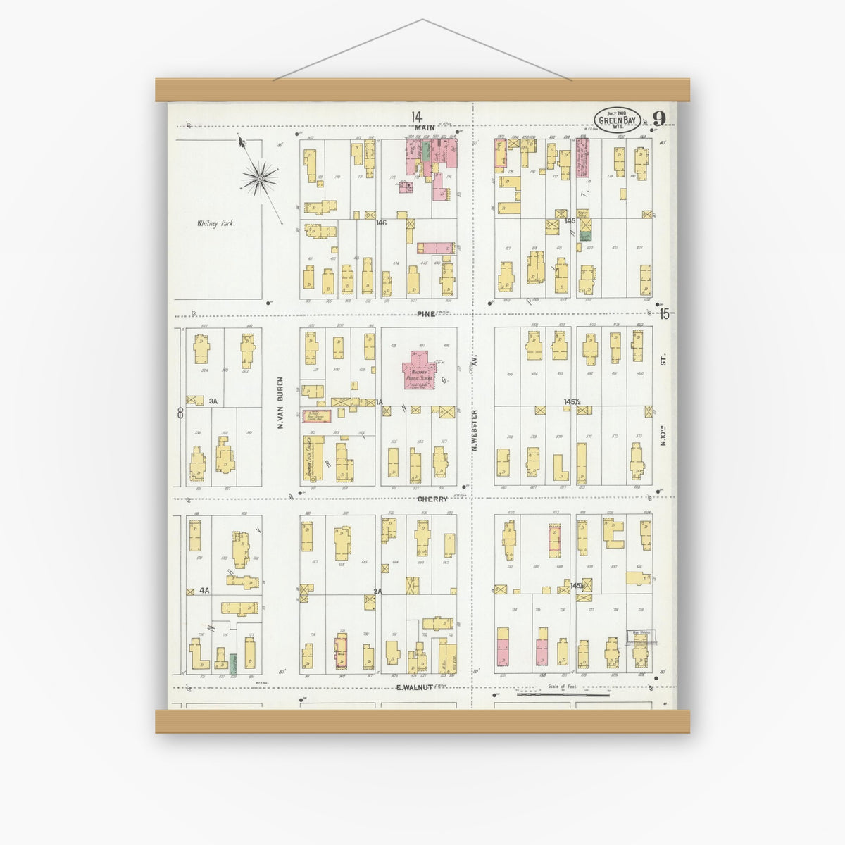 Old map wall art mockup — magnetic wood frame on white wall — Sanborn Fire Insurance Map from Green Bay, Brown County, Wisconsin (1900), Sheet #0009