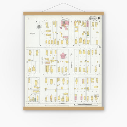 Old map wall art mockup — magnetic wood frame on white wall — Sanborn Fire Insurance Map from Green Bay, Brown County, Wisconsin (1900), Sheet #0009