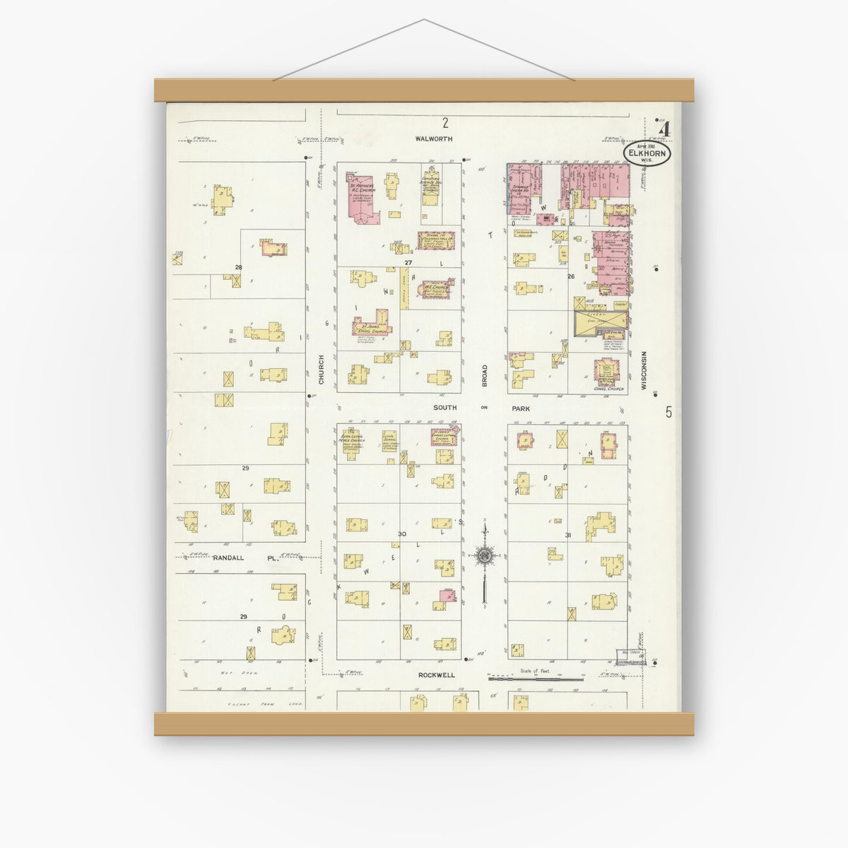 Old map wall art mockup — magnetic wood frame on white wall — Sanborn Fire Insurance Map from Elkhorn, Walworth County, Wisconsin (1911), Sheet #0004