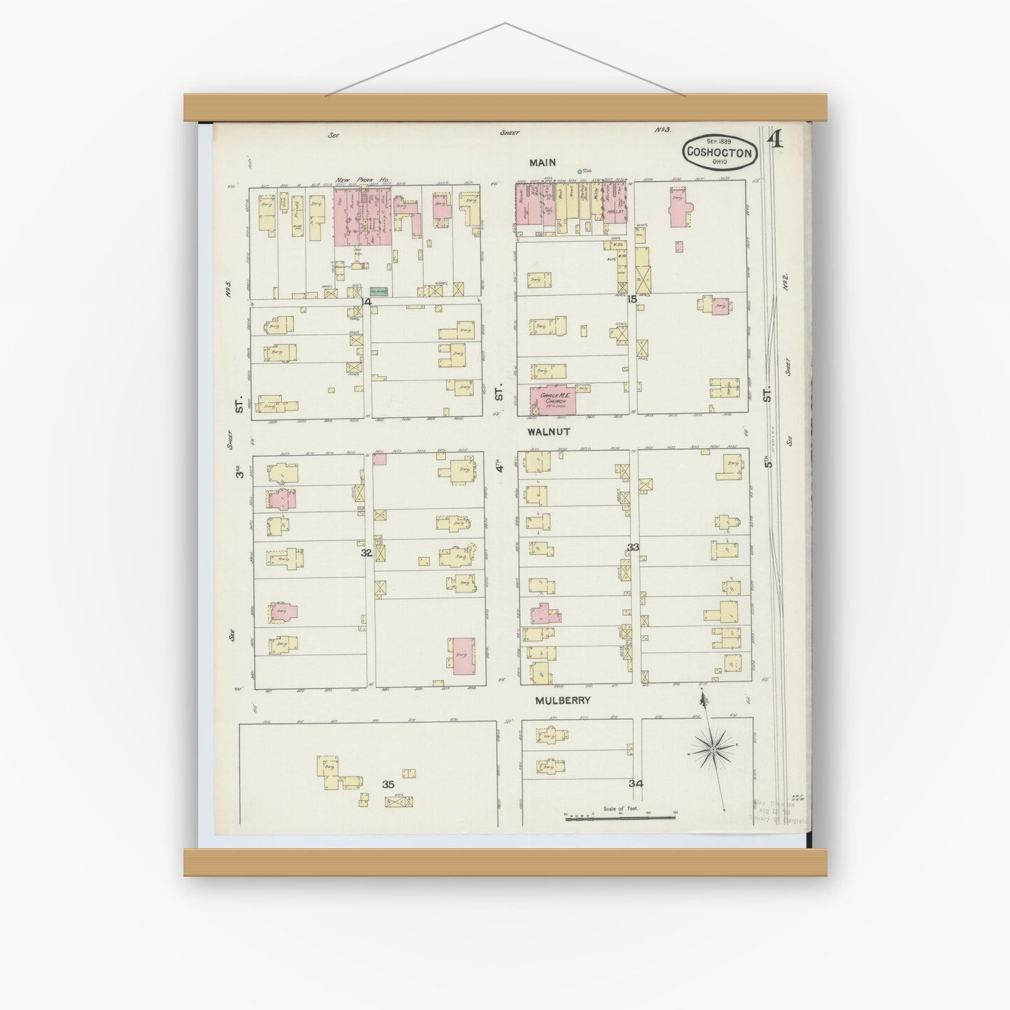 Old map wall art mockup — magnetic wood frame on white wall — Sanborn Fire Insurance Map from Coshocton, Coshocton County, Ohio (1889), Sheet #0004