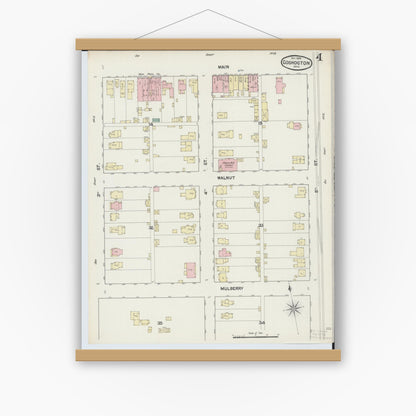 Old map wall art mockup — magnetic wood frame on white wall — Sanborn Fire Insurance Map from Coshocton, Coshocton County, Ohio (1889), Sheet #0004