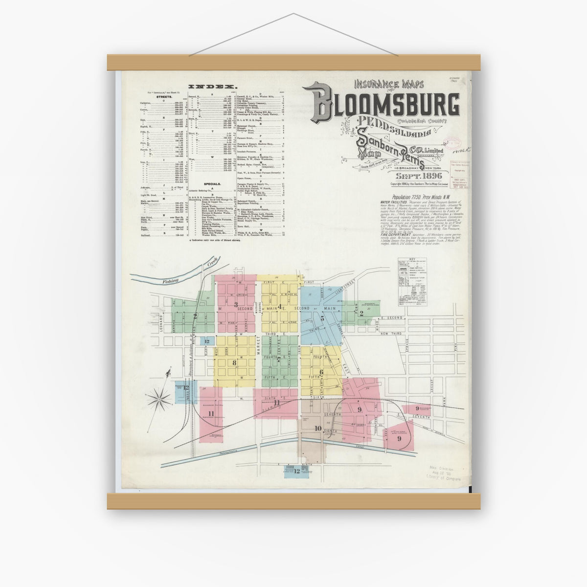 Old map wall art mockup — magnetic wood frame on white wall — Sanborn Fire Insurance Map from Bloomsburg, Columbia County, Pennsylvania (1896), Sheet #0001