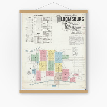 Old map wall art mockup — magnetic wood frame on white wall — Sanborn Fire Insurance Map from Bloomsburg, Columbia County, Pennsylvania (1896), Sheet #0001