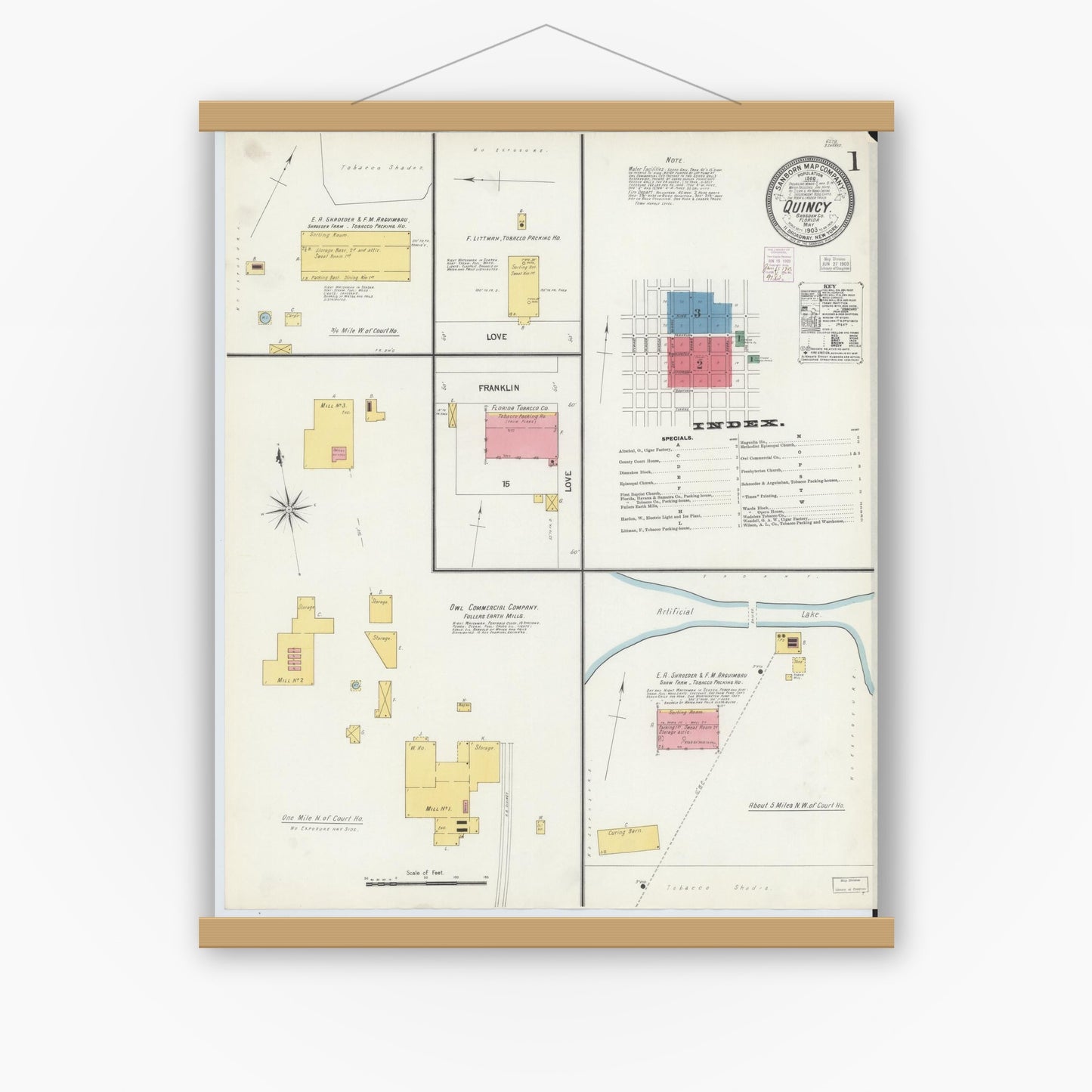 Old map wall art mockup — magnetic wood frame on white wall — Sanborn Fire Insurance Map from Quincy, Gadsden County, Florida (1903) - Complete Map Set