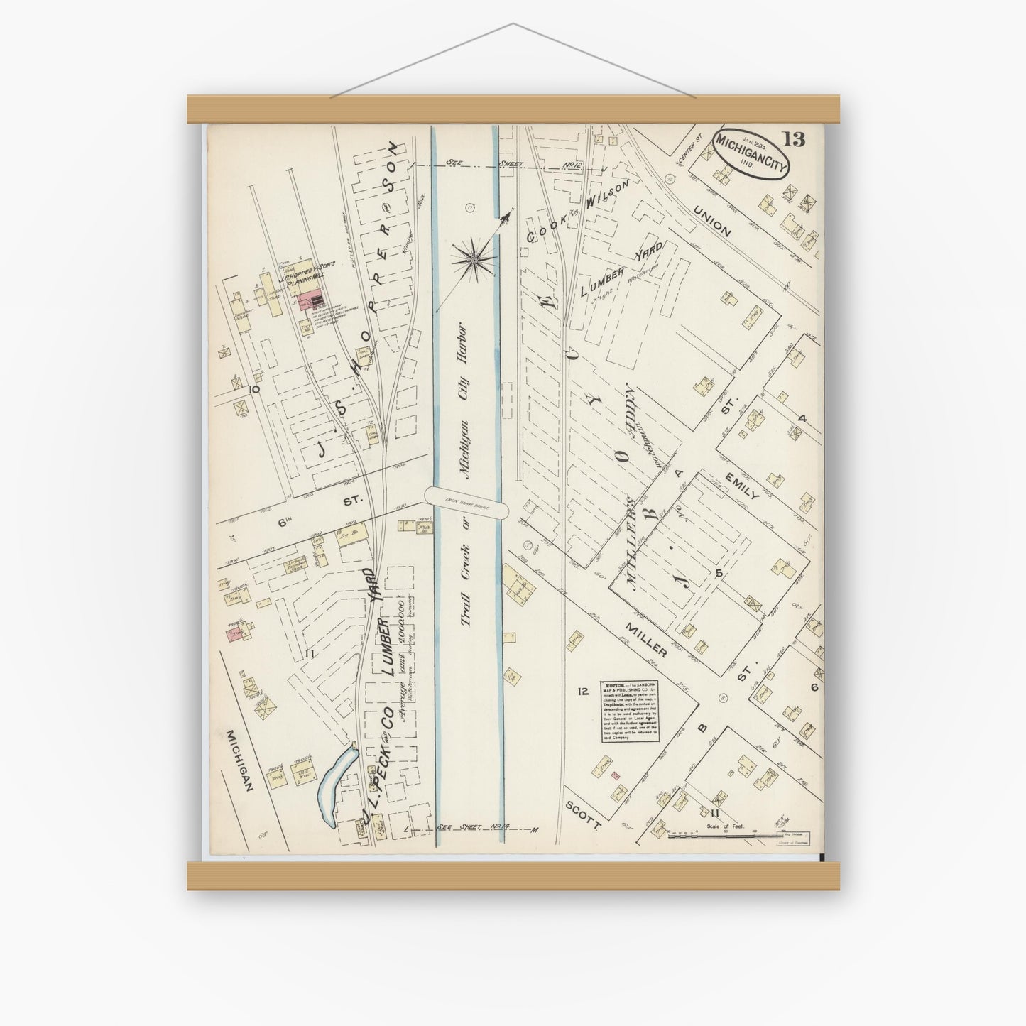 Old map wall art mockup — magnetic wood frame on white wall — Sanborn Fire Insurance Map from Michigan City, La Porte  County, Indiana (1884), Sheet #0013