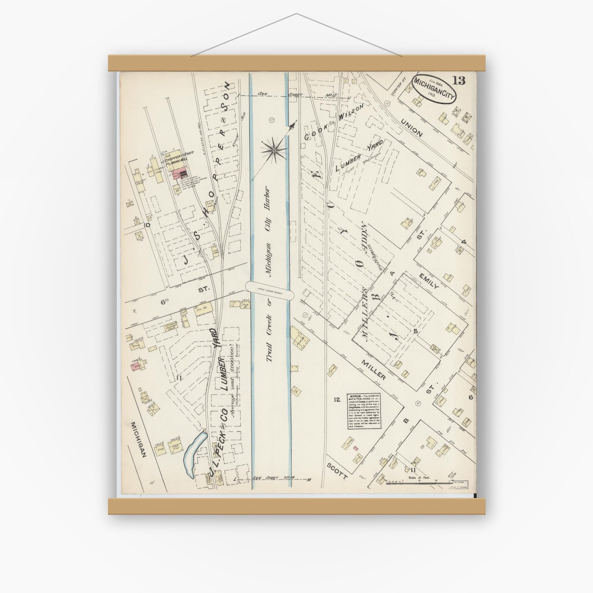 Old map wall art mockup — magnetic wood frame on white wall — Sanborn Fire Insurance Map from Michigan City, La Porte  County, Indiana (1884), Sheet #0013