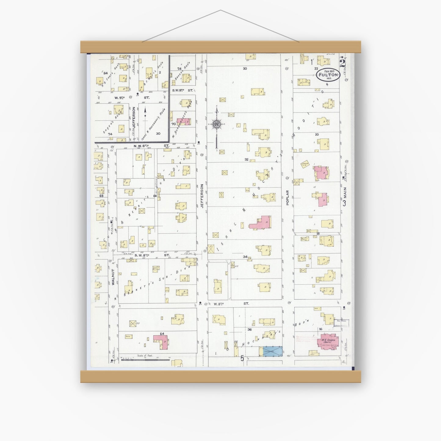 Old map wall art mockup — magnetic wood frame on white wall — Sanborn Fire Insurance Map from Fulton, Callaway County, Missouri (1910), Sheet #0002