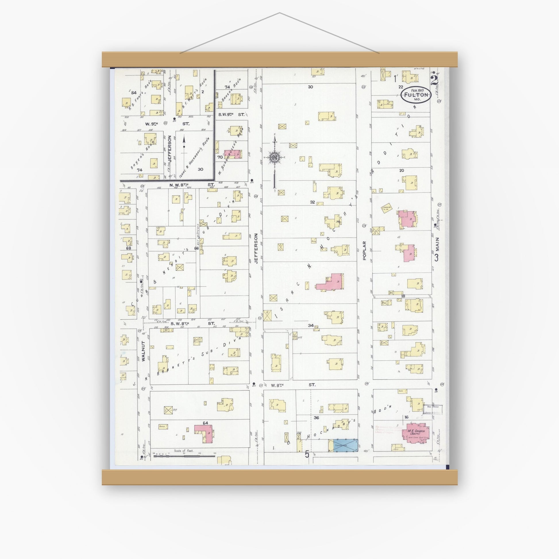 Old map wall art mockup — magnetic wood frame on white wall — Sanborn Fire Insurance Map from Fulton, Callaway County, Missouri (1910), Sheet #0002