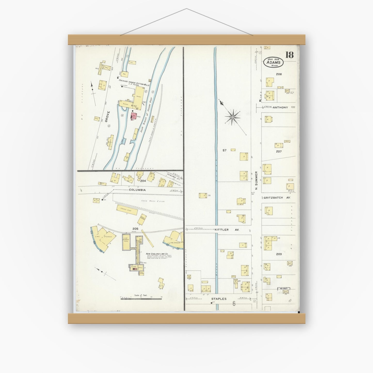 Old map wall art mockup — magnetic wood frame on white wall — Sanborn Fire Insurance Map from Adams, Berkshire County, Massachusetts (1908), Sheet #0018