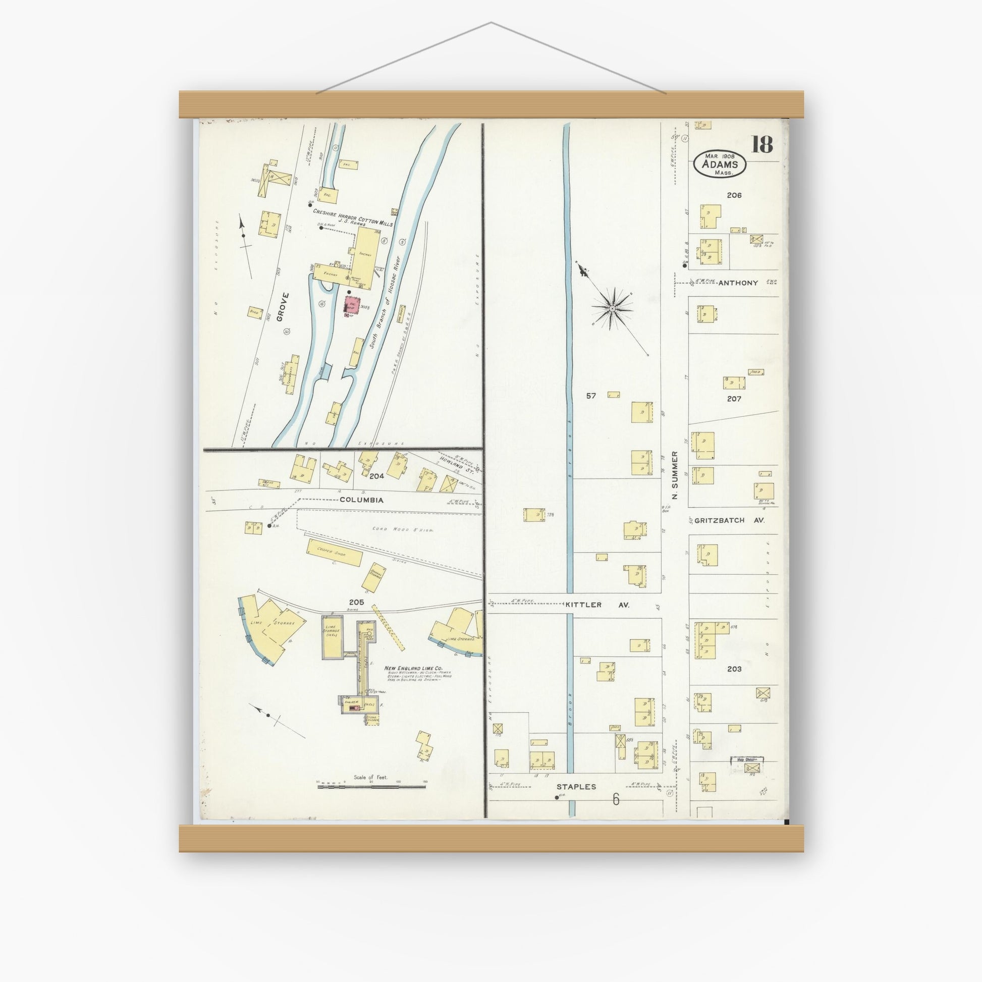 Old map wall art mockup — magnetic wood frame on white wall — Sanborn Fire Insurance Map from Adams, Berkshire County, Massachusetts (1908), Sheet #0018