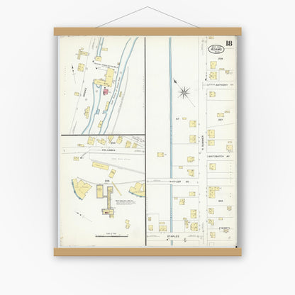 Old map wall art mockup — magnetic wood frame on white wall — Sanborn Fire Insurance Map from Adams, Berkshire County, Massachusetts (1908), Sheet #0018