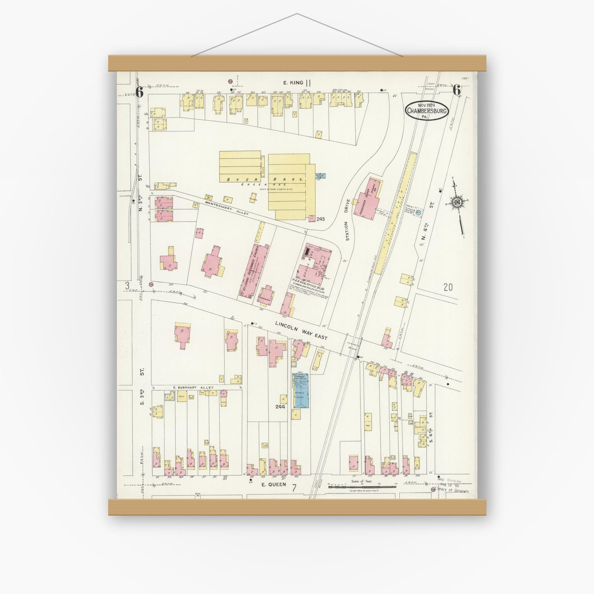 Old map wall art mockup — magnetic wood frame on white wall — Sanborn Fire Insurance Map from Chambersburg, Franklin County, Pennsylvania (1924), Sheet #0006