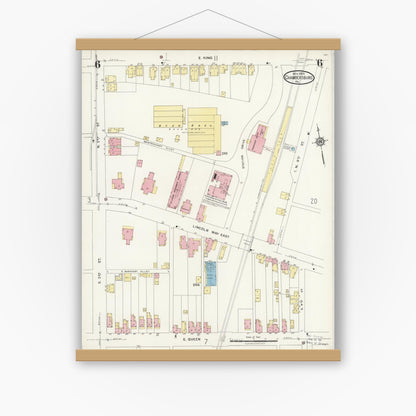 Old map wall art mockup — magnetic wood frame on white wall — Sanborn Fire Insurance Map from Chambersburg, Franklin County, Pennsylvania (1924), Sheet #0006